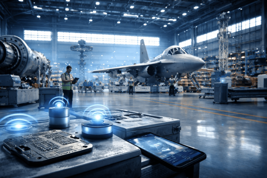 Modern aircraft manufacturing facility with advanced industrial technology.