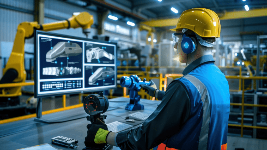 Engineer in a smart factory using IoT-connected sensors and a digital dashboard to monitor automotive robotic assembly lines.