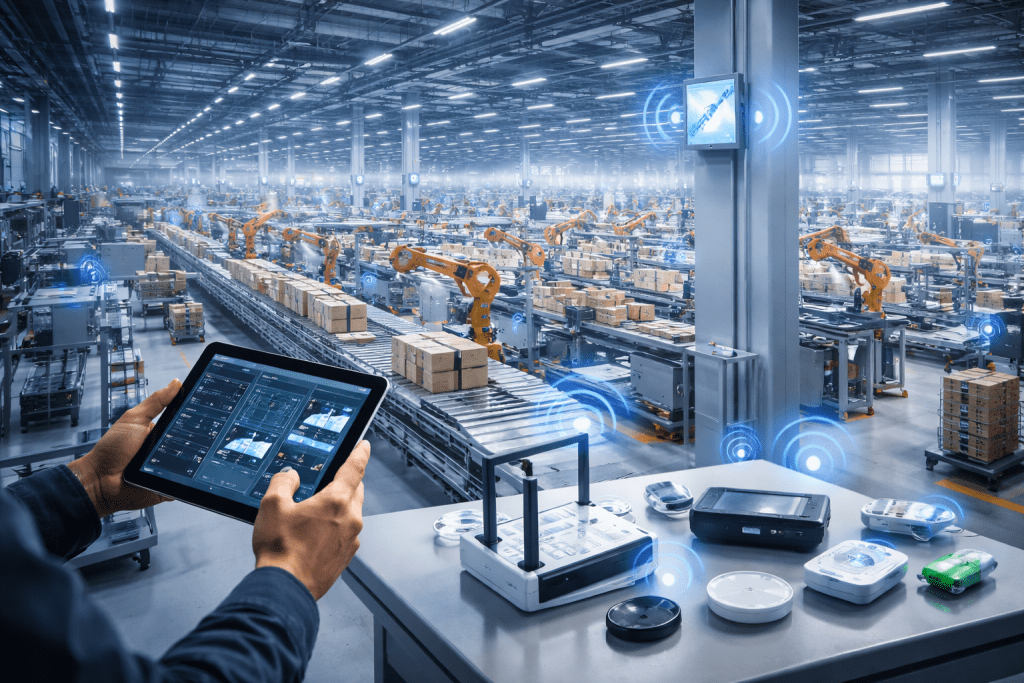 Smart factory with robotic lines and IoT devices monitoring