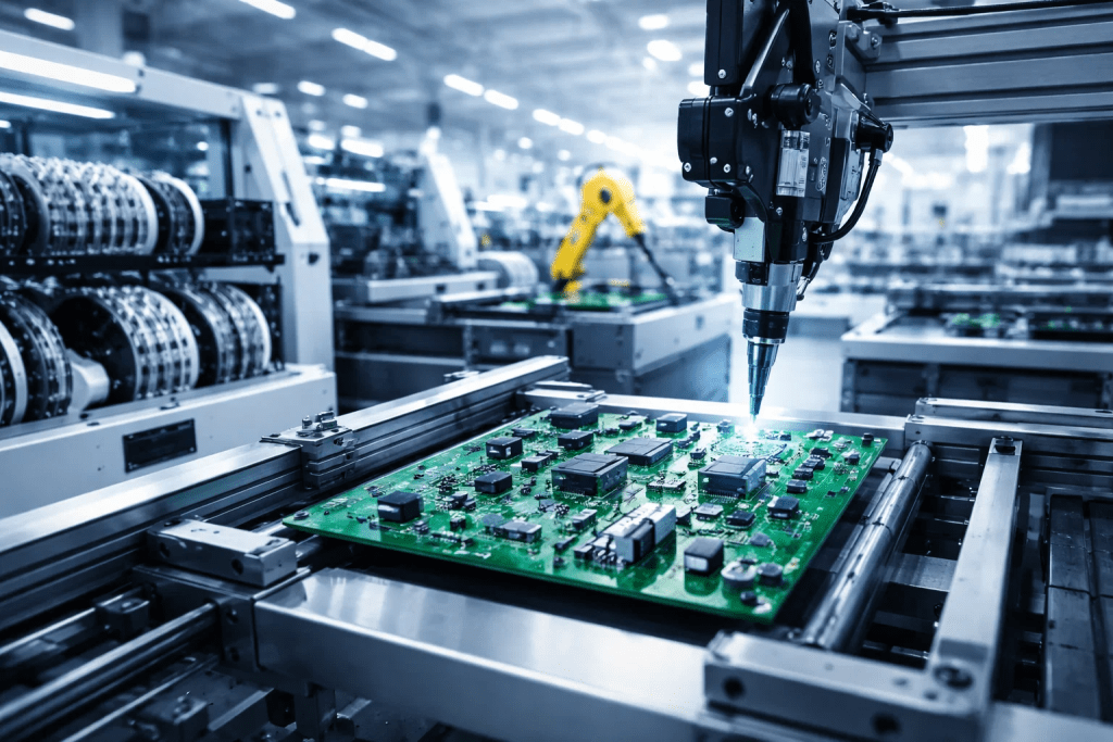 Automated electronics manufacturing line with robotic soldering head assembling PCB on factory floor.