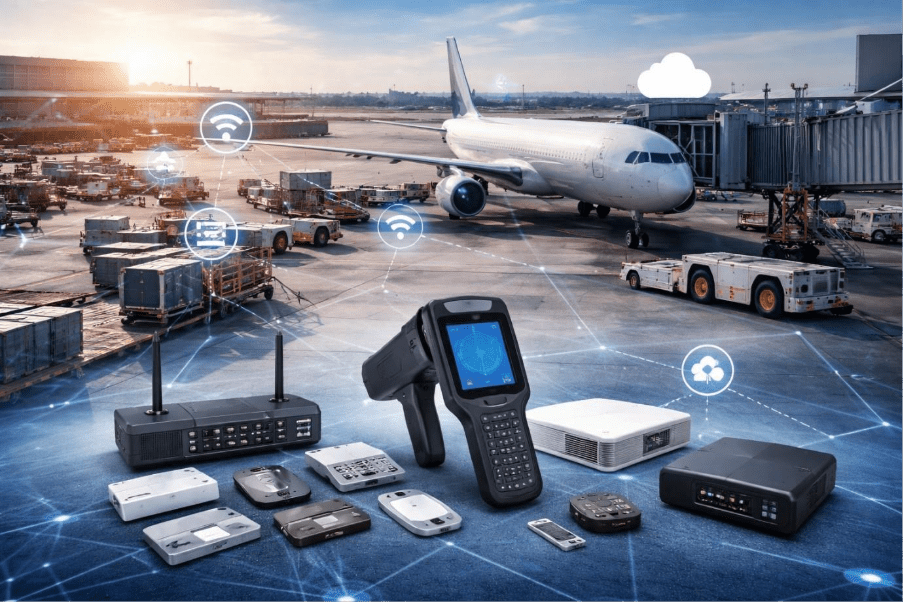 Modern airport apron with aircraft, smart baggage carts, BLE beacons, RFID readers, and connected ground support equipment under a digital IoT network overlay. 