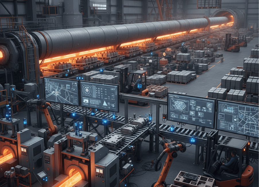 Smart industrial factory with glowing kilns, IoT monitoring screens, and automated logistics for glass and concrete. 