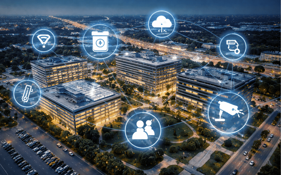 Smart commercial office campus at dusk with connected IoT icons over buildings showing digital property management network 