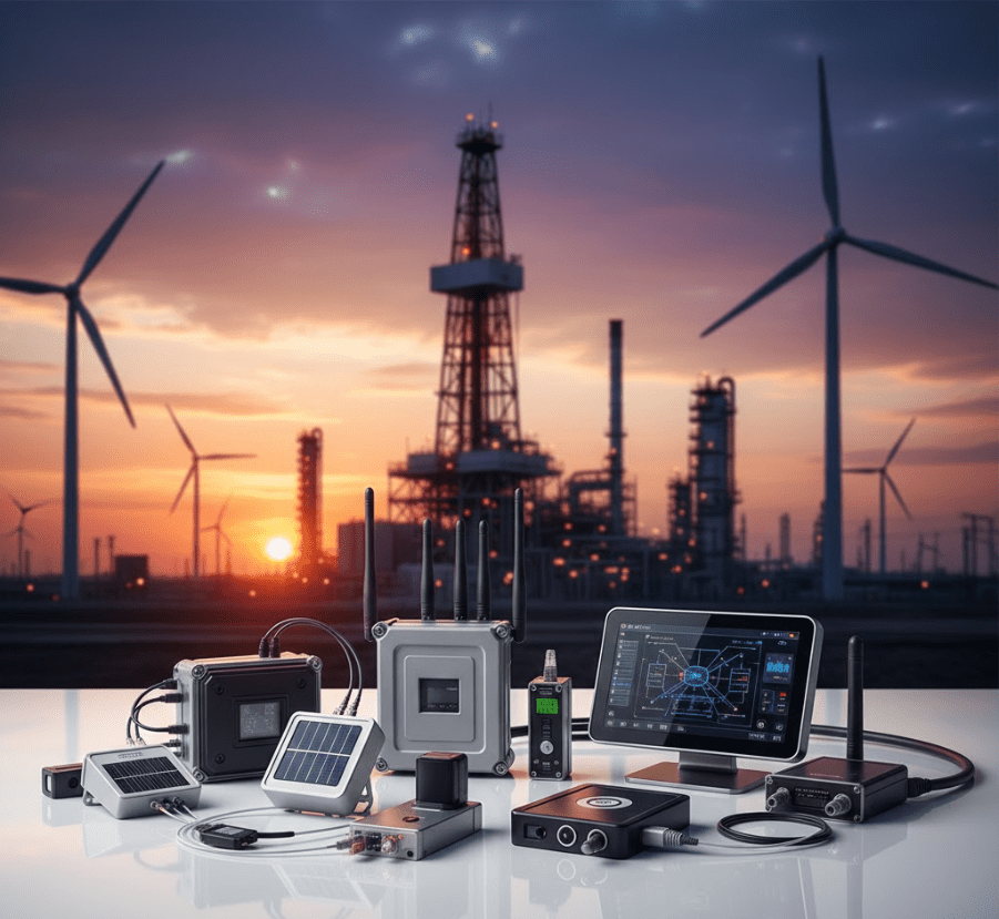 Industrial IoT devices and sensors with oil rig and wind turbines at sunset refinery