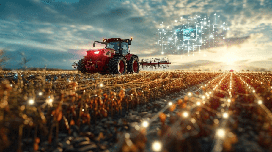 A modern red tractor is working a crop field at sunset, featuring a futuristic digital network overlay for smart farming technology. 
