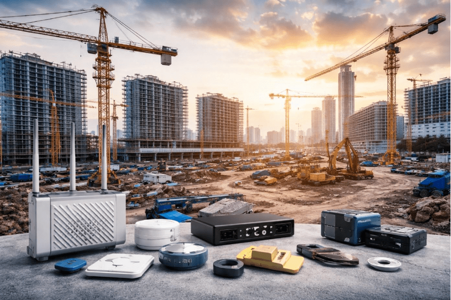 Construction site with cranes and machinery; foreground shows IoT, BLE, and RFID devices for asset tracking, workforce safety, and construction management.