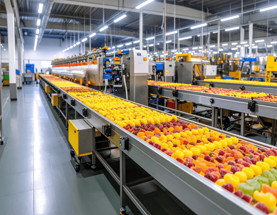 Vibrant array of fruits is showcased on automated conveyor belts in modern food processing facilities, highlighting efficiency and innovation in the food industry.