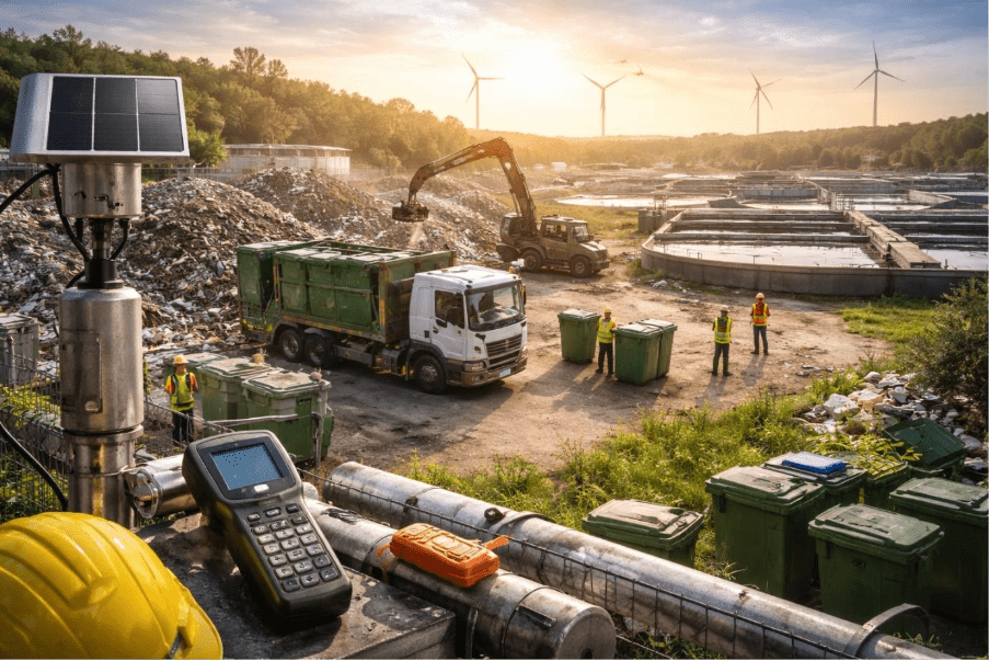 Environmental services site with waste trucks, sensors, and treatment facilities 