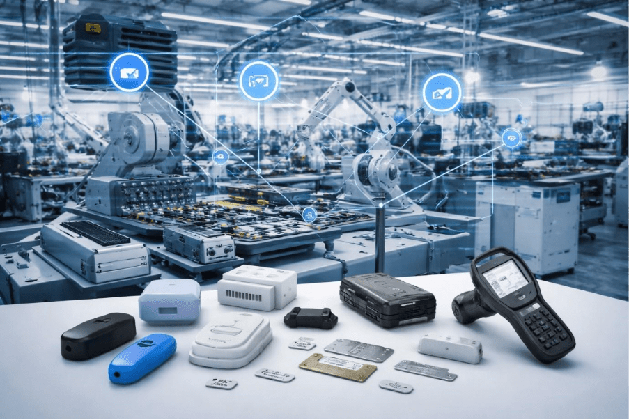 High-tech electronics factory showing BLE beacons, RFID tags, IoT gateways, and M2M devices with robotic assembly and networked production lines. 