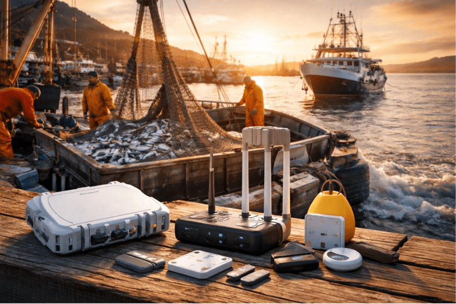 Fishing dock with vessels, nets, and connected monitoring devices at sunset 