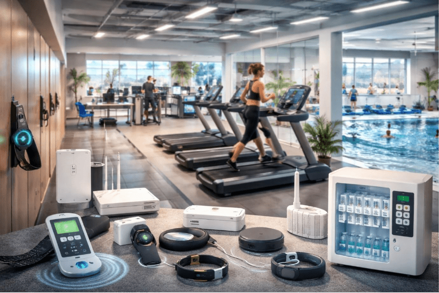 Smart fitness facility with IoT devices and connected gym equipment 