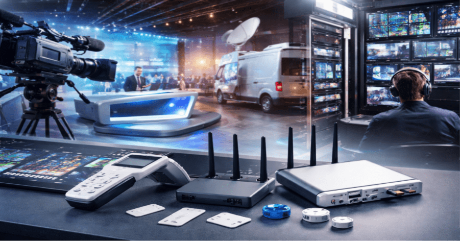 Broadcast studio with camera, OB van, control room, and RFID BLE tracking devices in foreground for media asset management