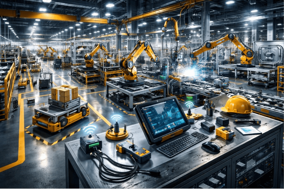 Smart factory with robots, conveyors, and IoT-enabled automation