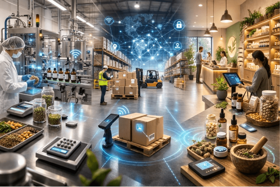 Gloved hand examining plant sample beside herbal products, IoT sensors, RFID devices, and digital dashboard in a modern smart lab environment 