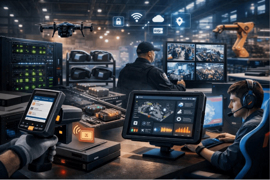 RFID scanner and IoT dashboard monitoring gaming assets, servers, VR equipment, and esports operations in a connected high-tech environment 