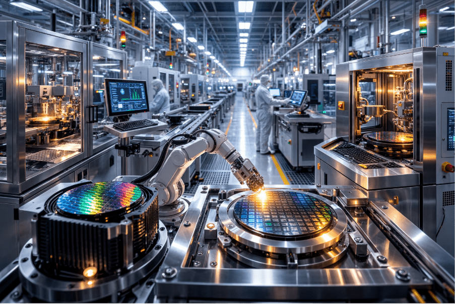 Semiconductor cleanroom with robotic arm processing silicon wafers 
