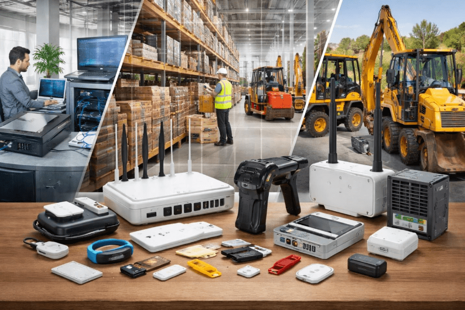 BLE, RFID, IoT devices with gateways, tags, and scanners used for office asset tracking, warehouse inventory, and industrial equipment monitoring.