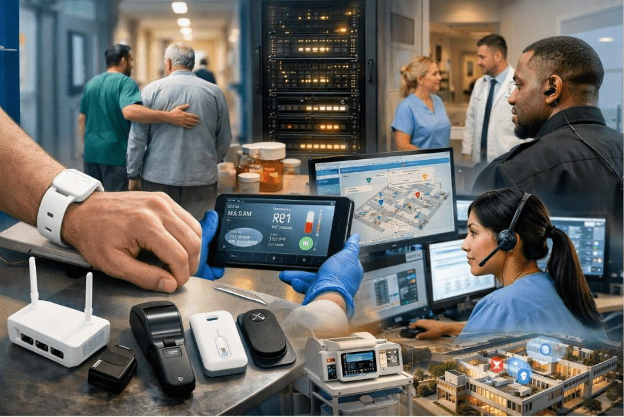 Healthcare staff using IoT devices for patient monitoring and safety 