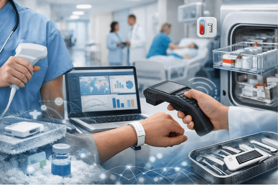 Healthcare staff using RFID scanner and IoT devices in clinic 