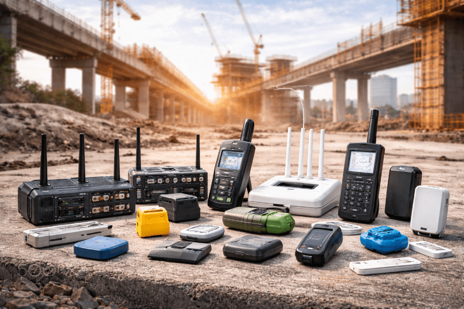 BLE gateways, RFID tags, and IoT tracking devices displayed at a civil engineering construction site with bridges, cranes, and infrastructure. 