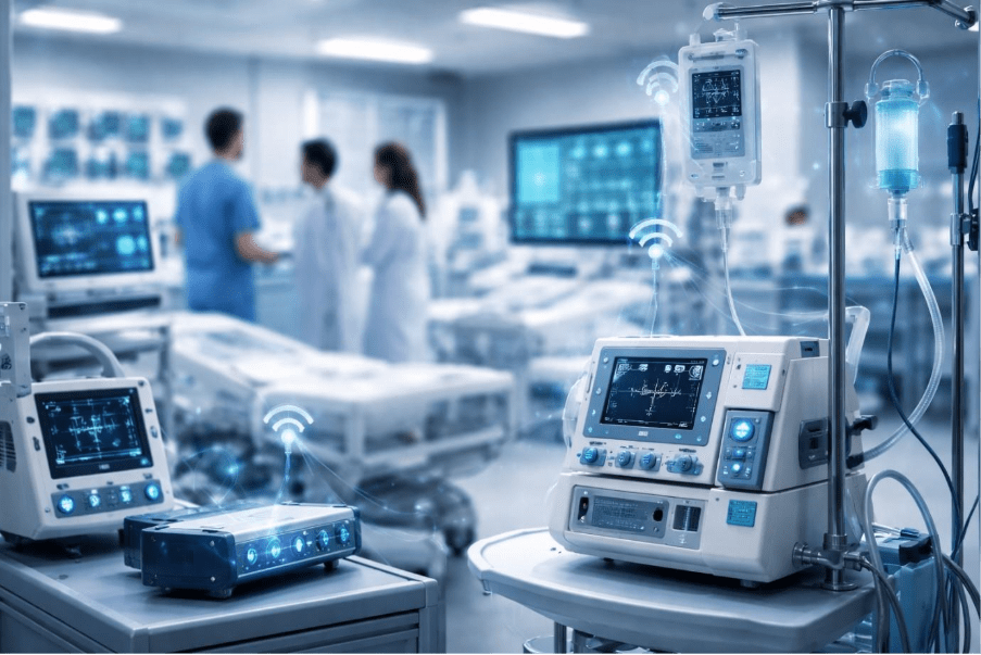 Modern hospital room with connected medical devices and IoT monitoring 