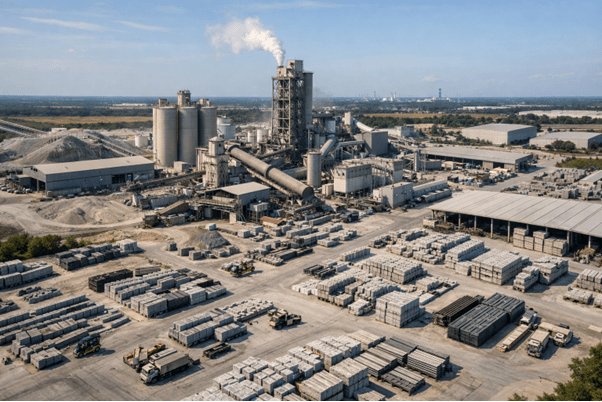 Aerial view of a large building materials manufacturing plant with cement silos, conveyors, warehouses, and stacked concrete blocks.