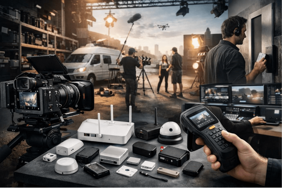 Media set with camera gear and IoT tracking devices in action 