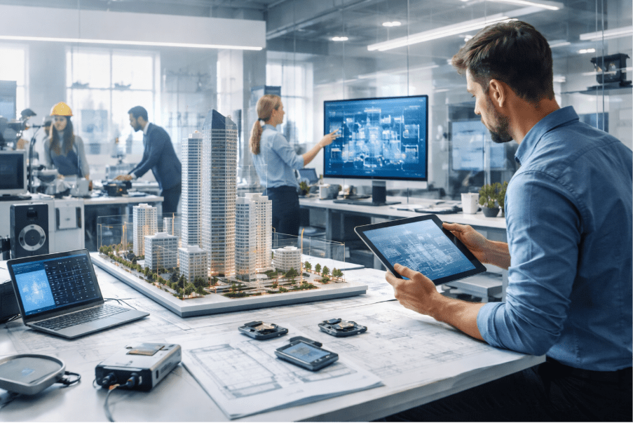Architects and planners collaborate around a detailed city model using tablets and digital blueprints in a modern design studio with IoT-enabled tools. 