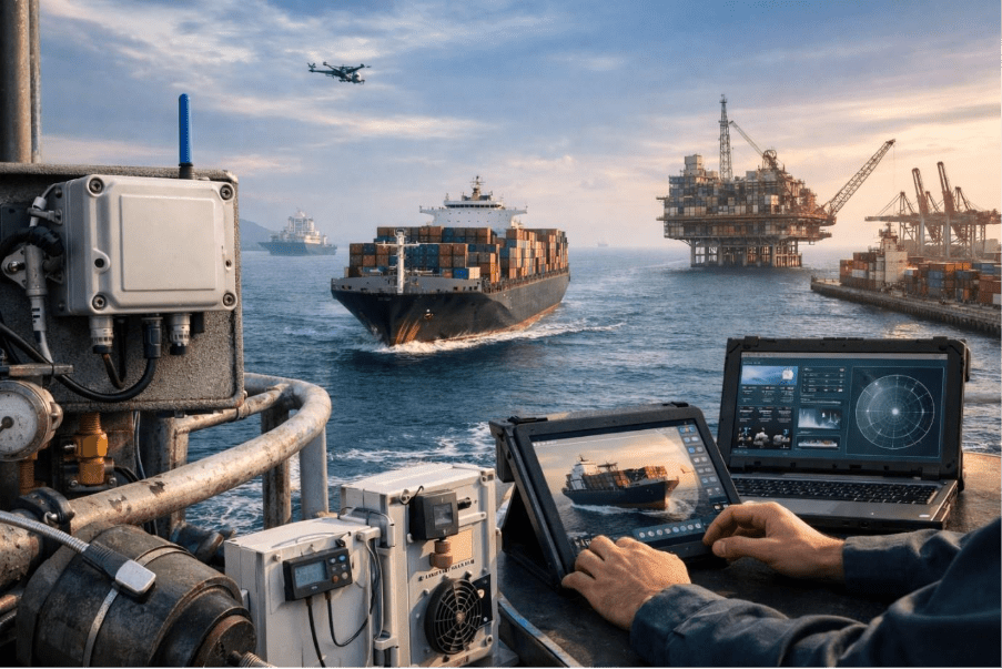 Maritime IoT monitoring with cargo ship, offshore platform and sensors