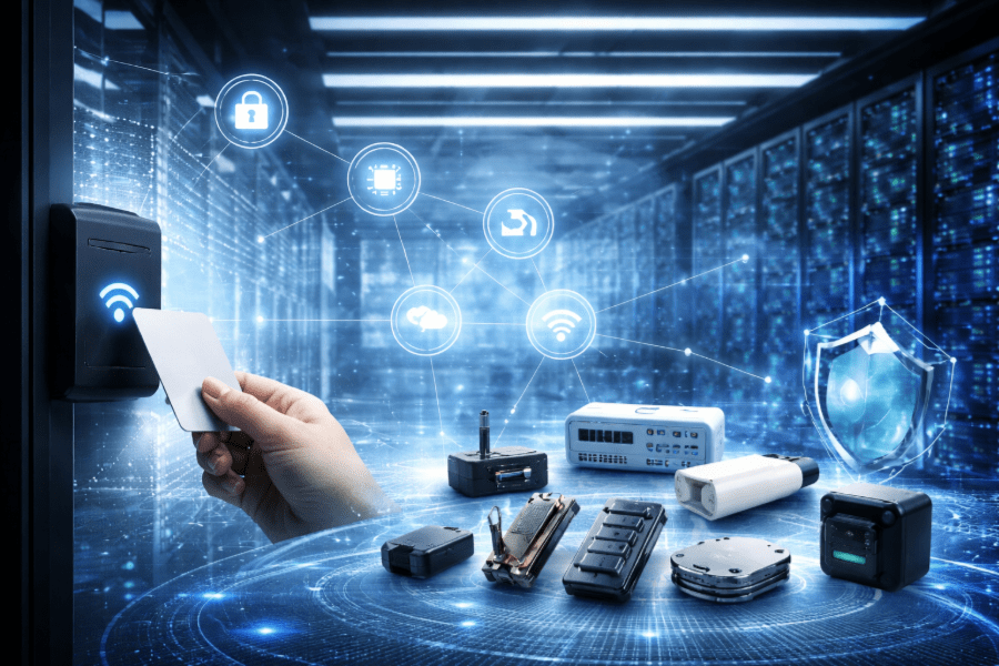 RFID card access at a secure data center with IoT devices, network hardware, and digital security icons representing infrastructure monitoring.