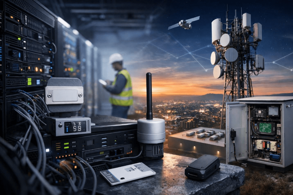 Data center servers, IoT sensors, and telecom tower at dusk