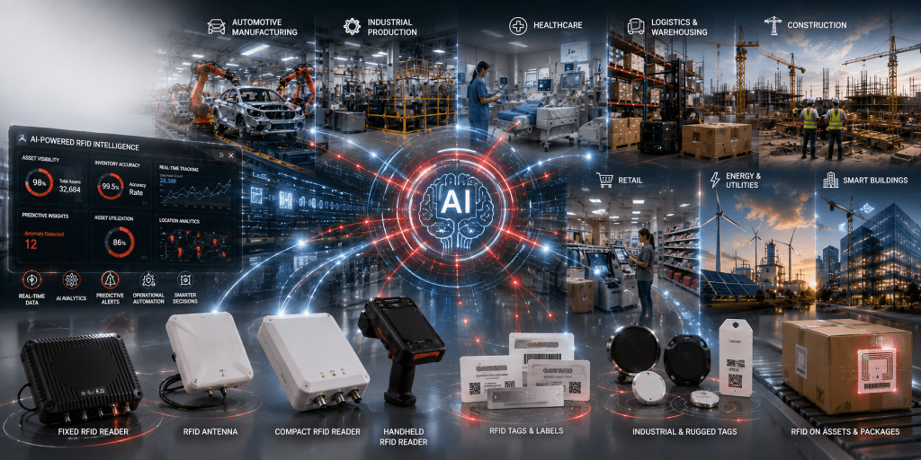 AI and RFID ecosystem connecting readers, tags, and analytics across manufacturing, healthcare, logistics, and retail.