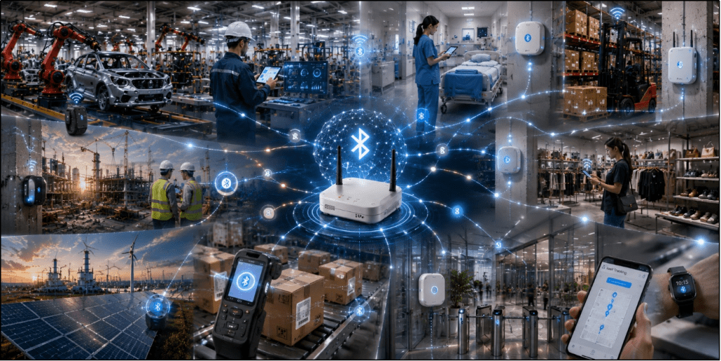 AI and BLE system connecting beacons, gateways, wearables, and real-time tracking across multiple industries.