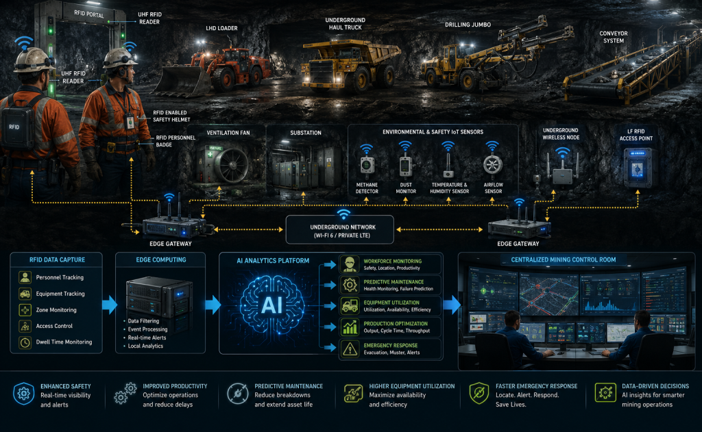 AI and RFID-enabled underground mine with connected workers, smart equipment, IoT sensors, edge gateways, and a real-time mining control room.