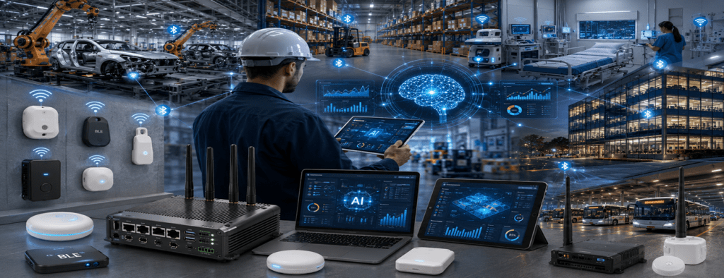 Realistic AI and BLE industrial banner featuring smart sensors, gateways, analytics, and connected manufacturing environments.