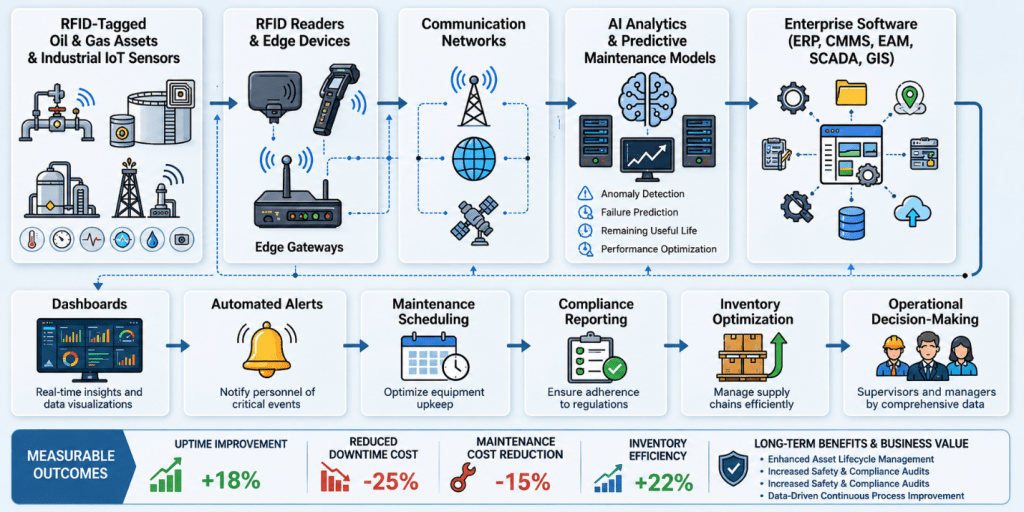 Workflow diagram showing RFID-tagged oil and gas assets, Industrial IoT sensors, AI analytics, enterprise software, and automated operational decisions.