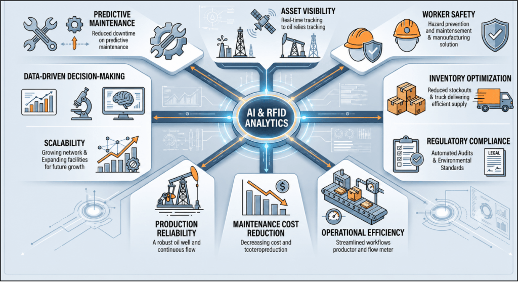 Infographic with AI and RFID analytics at the center connecting predictive maintenance, asset visibility, worker safety, compliance, inventory optimization, and operational benefits.