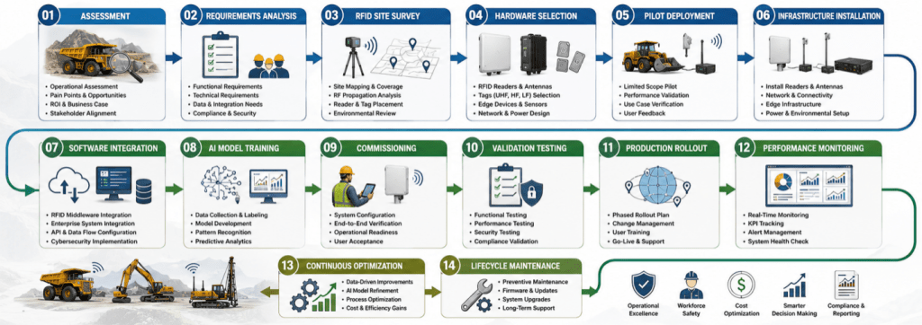 Gold mining AI-RFID deployment lifecycle diagram showing assessment, planning, RFID deployment, AI integration, testing, production rollout, performance monitoring, and continuous optimization.