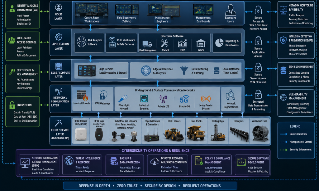 Cybersecurity layers securing AI, RFID, IoT, edge gateways, networks, and enterprise systems with encryption, firewalls, SIEM, and access control.