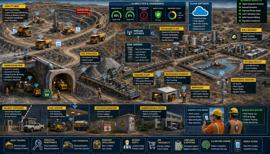 Illustration of an AI-enabled RFID system connecting open-pit and underground gold mining assets, workers, processing plants, and real-time operational dashboards.