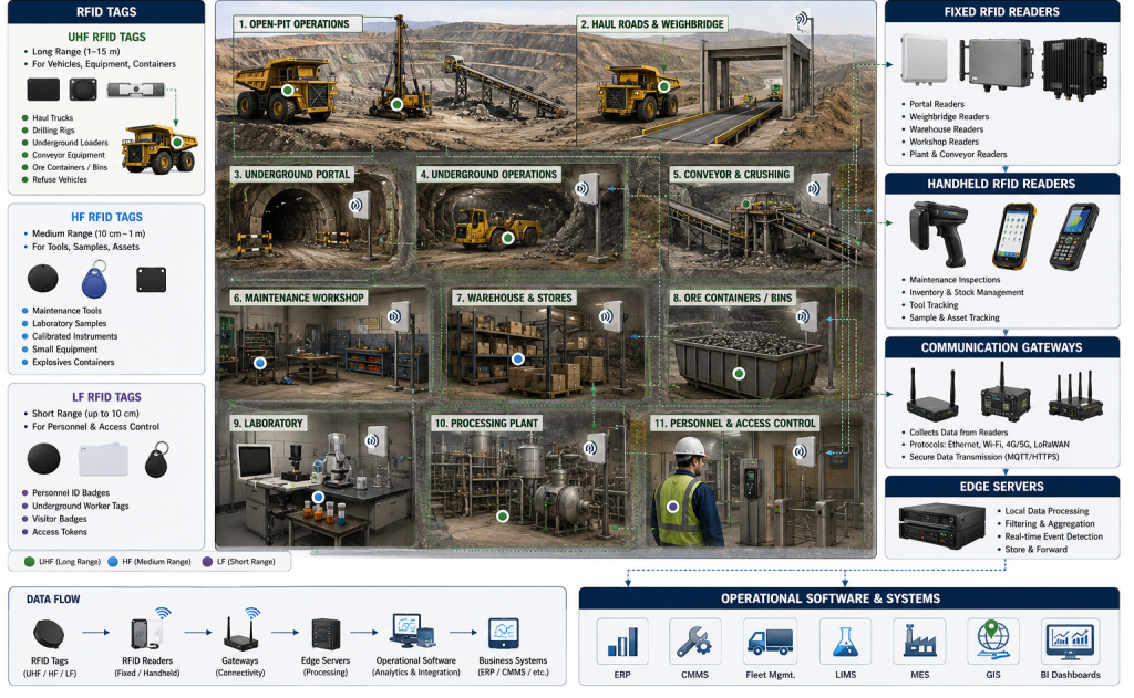 Gold mining RFID hardware diagram showing RFID tags on equipment, tools, ore containers, laboratory samples, and personnel, connected to fixed and handheld RFID readers, communication gateways, edge servers, and operational software.