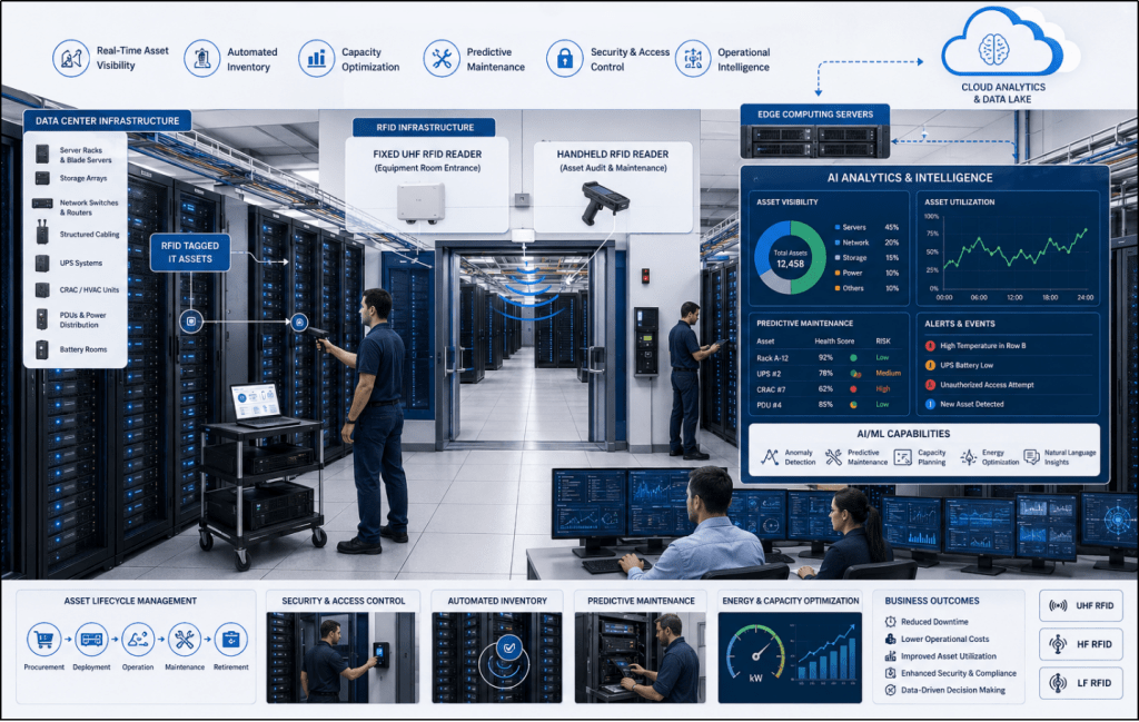 AI and RFID system monitoring RFID-tagged servers and data center assets with predictive analytics dashboards.