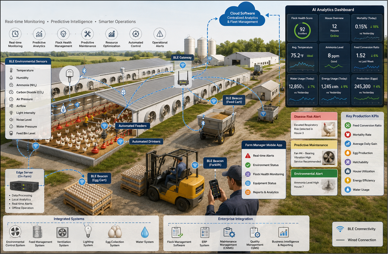 AI-enabled BLE sensors and gateways monitor poultry houses with predictive analytics and real-time farm management.