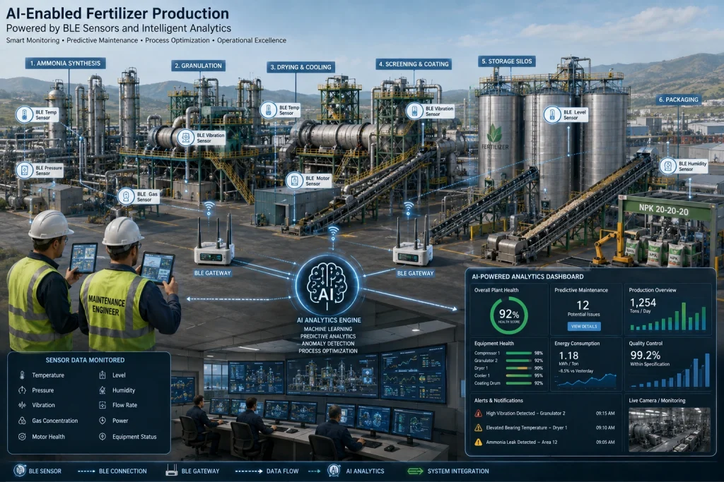 AI-enabled fertilizer plant with BLE sensors, gateways, and predictive analytics monitoring industrial production processes.