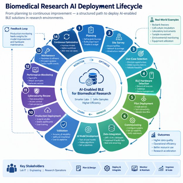 Biomedical AI deployment lifecycle showing BLE planning, integration, validation, monitoring, maintenance, and optimization.