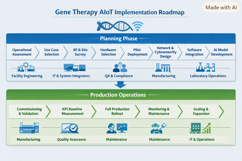 A comprehensive AIoT-enabled gene therapy facility dashboard displaying real-time operational KPIs, environmental conditions, equipment utilization, quality and compliance records, facility-zone status, asset and sensor health, recent alerts, maintenance predictions, workflow dwell time, and IoT data flow.