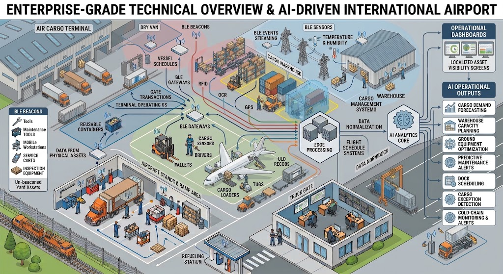 Technical overview diagram of an AI-driven airport logistics facility using BLE tracking for ground assets and cargo.