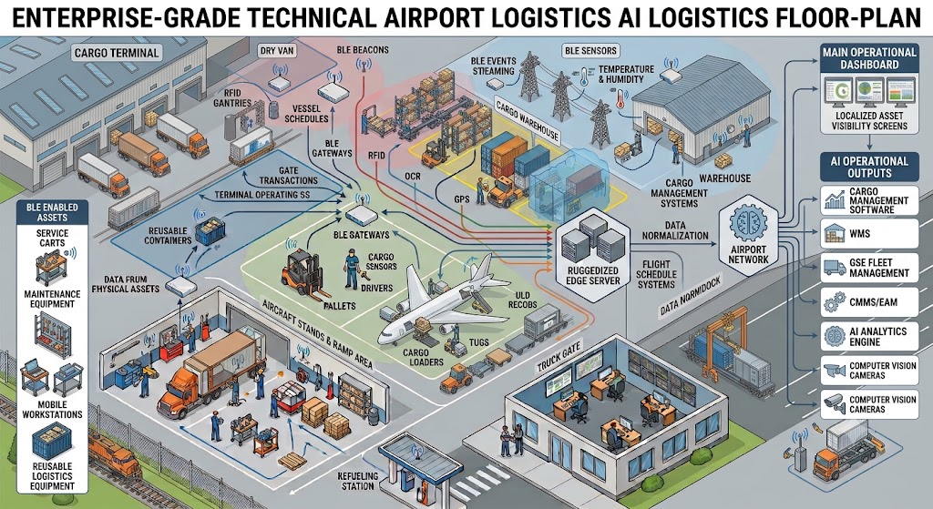 Technical airport floor plan showing selective BLE coverage zones for tracking ground assets and maintenance tools.