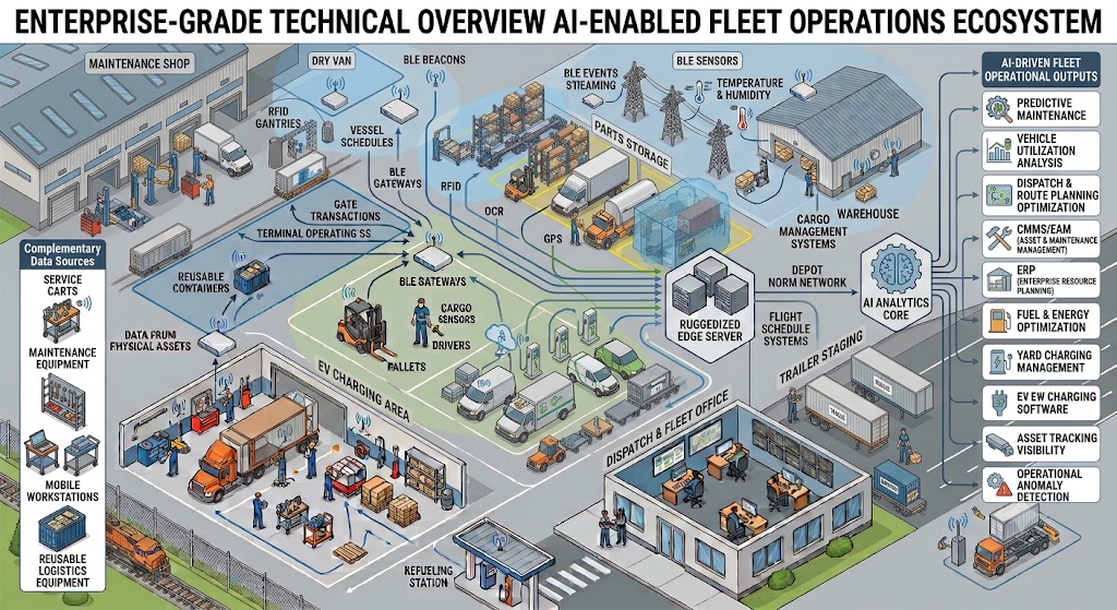 AI-driven fleet operations system overview with vehicles, BLE assets, fleet software, and analytics