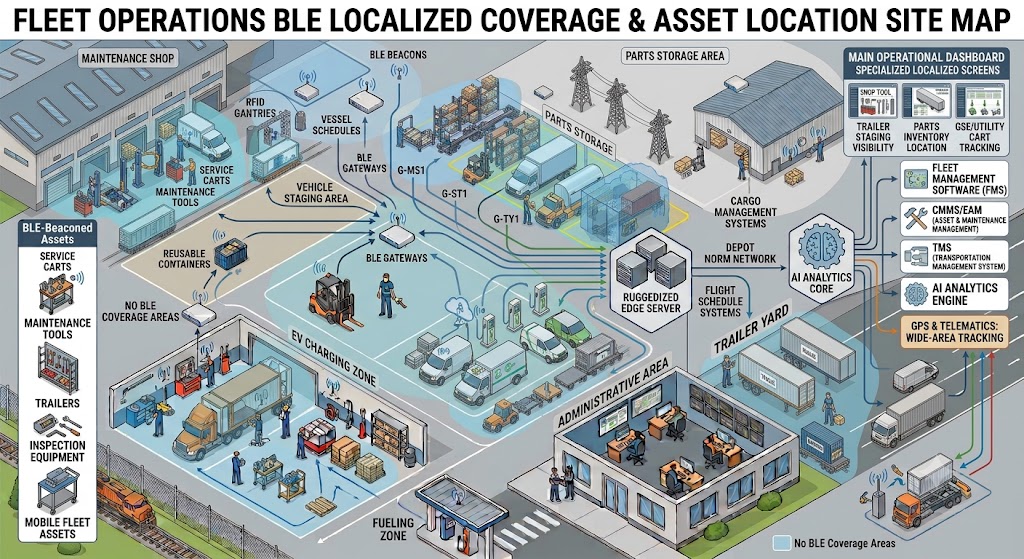 Fleet depot map showing BLE coverage zones for selected assets and integration with fleet software